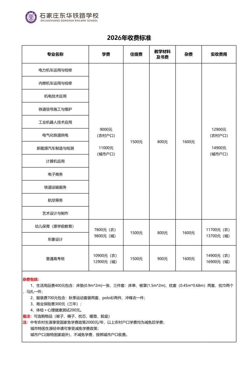 石家莊東華鐵路學(xué)校2026年秋季招生學(xué)費(fèi)多少錢？有資助政策嗎？