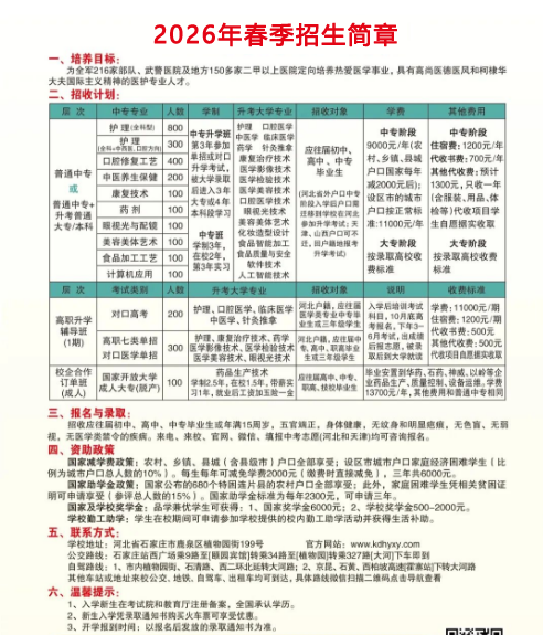 石家莊柯棣華醫學中等專業學校2026年招生簡章